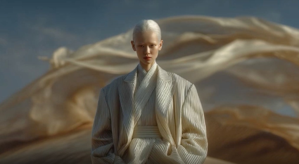 Minimalist fashion portrait of a person in an oversized cream pinstripe robe standing before flowing fabric in a windswept desert.