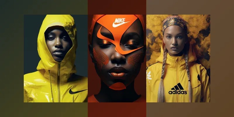 Triptych of sporty fashion portraits in yellow and red hues featuring models in Nike and Adidas gear with bold graphic styling.