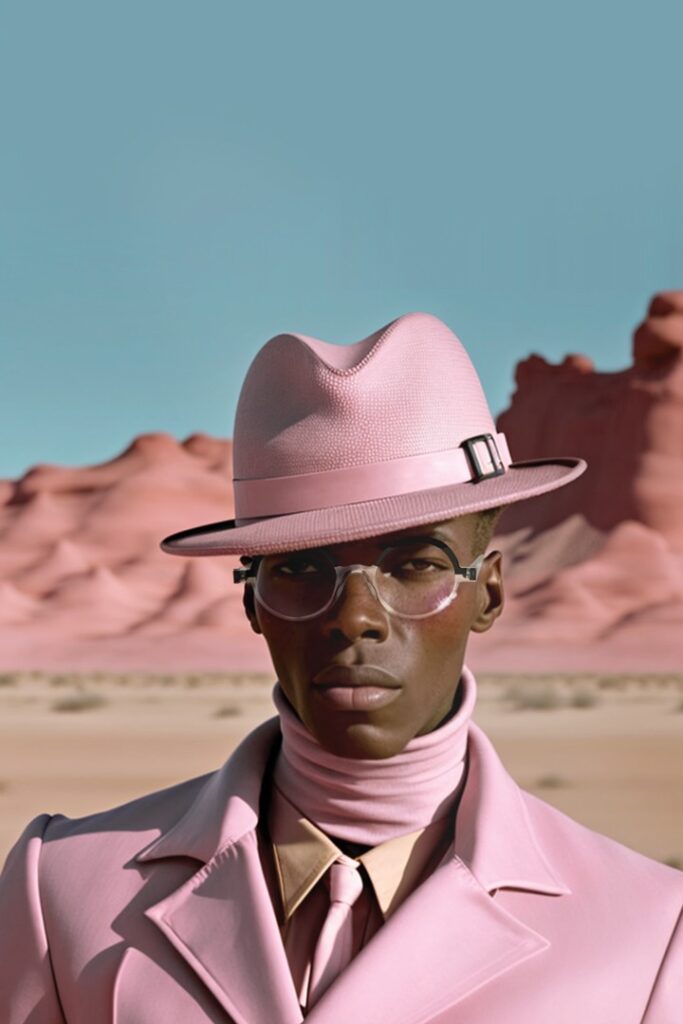 Stylish man in a pale‑pink suit, turtleneck, and fedora poses in a desert landscape under a clear blue sky.