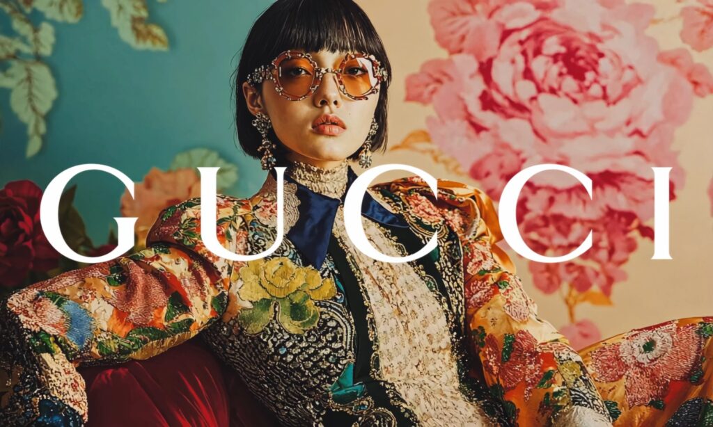 Vibrant fashion ad with a model in ornate floral clothing and oversized jeweled glasses, overlaid with large “GUCCI” text.