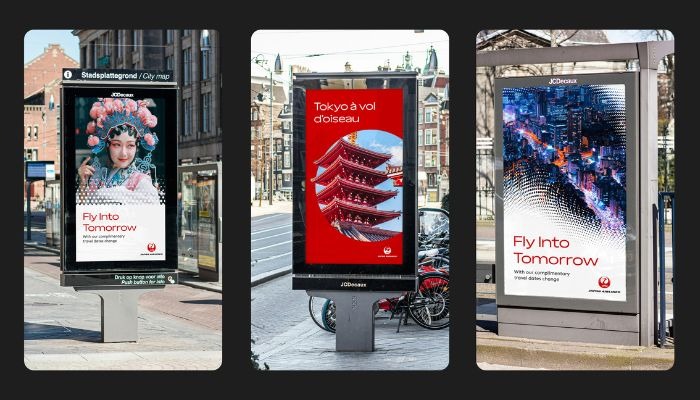 Three city bus‑stop billboards for an airline campaign—portraits and travel imagery with headlines like “Fly Into Tomorrow” and a red pagoda photo.