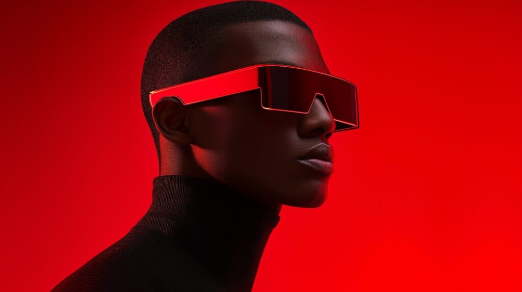 Futuristic close‑up profile of a person in black turtleneck wearing large red visor sunglasses against a vivid red background.