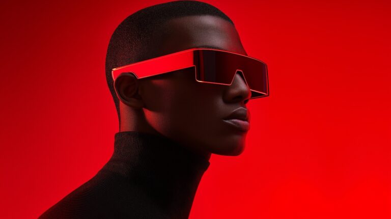 Futuristic close‑up profile of a person in black turtleneck wearing large red visor sunglasses against a vivid red background.