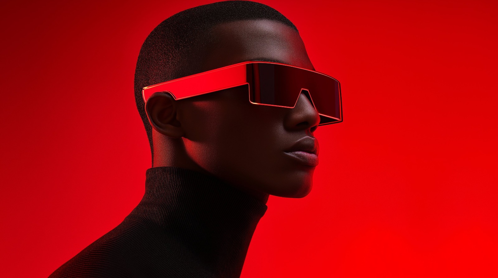 Futuristic close‑up profile of a person in black turtleneck wearing large red visor sunglasses against a vivid red background.