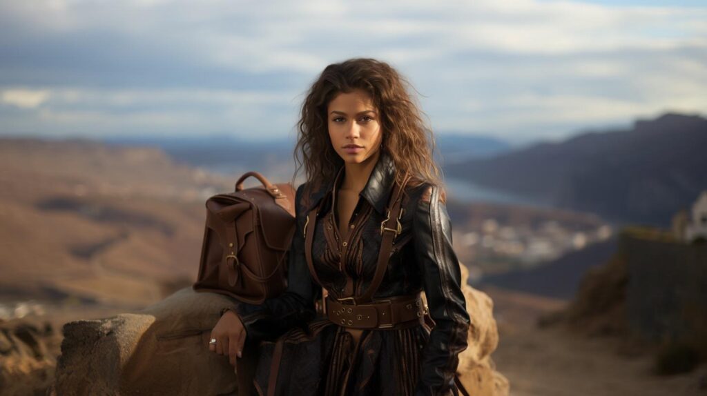 Outdoor fashion scene with a woman in a dark leather‑trimmed outfit and belt, seated beside a brown designer bag overlooking a hazy canyon.