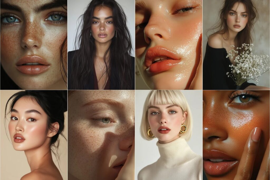 Collage of eight beauty portraits highlighting diverse women with natural makeup and dewy, freckled skin—close‑ups of eyes, lips, and faces in warm light, including one holding white flowers and another with short blonde hair and gold hoop earrings.